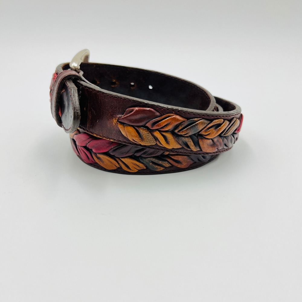 The Territory Ahead Mens 38 Braided Leather Leaf Belt Colorful Western Boho 90s - Picture 4 of 12